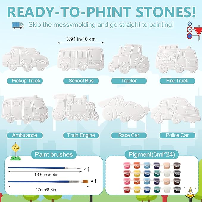 HyDren 8 Pack Paint Your Own Plaster Stones Spring DIY Outdoor Garden Arts and Crafts DIY Stones Painting Kit Supplies with Paint Palette and Brush for Easter Birthday Gifts(Car)