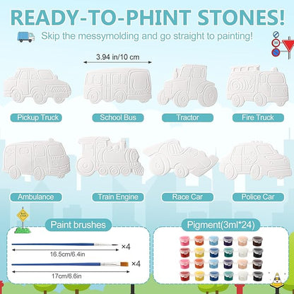 HyDren 8 Pack Paint Your Own Plaster Stones Spring DIY Outdoor Garden Arts and Crafts DIY Stones Painting Kit Supplies with Paint Palette and Brush for Easter Birthday Gifts(Car)