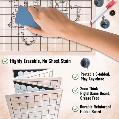 Foldable DND Battle Map Set – Reusable Dry Erase RPG Board with Double-Sided Square & Hex Grids, Tokens & Markers – Travel Starter Kits for D&D, Pathfinder and TTRPGs
