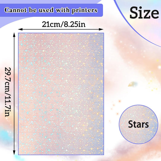 36 Sheets Holographic Sticker Paper Clear A4 Vinyl Sticker Paper Self Adhesive Waterproof Transparent Film Gem Rainbow Star Patterns, 11.7 x 8.3 Inch (Star)