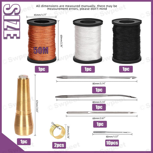 Swpeet 19Pcs Portable Canvas Leather Sewing Awl and Needle Kit With Nylon Waxed Cord Thread Thimble Assortment, Copper Handle Tools for Leather, Shoe and Repair