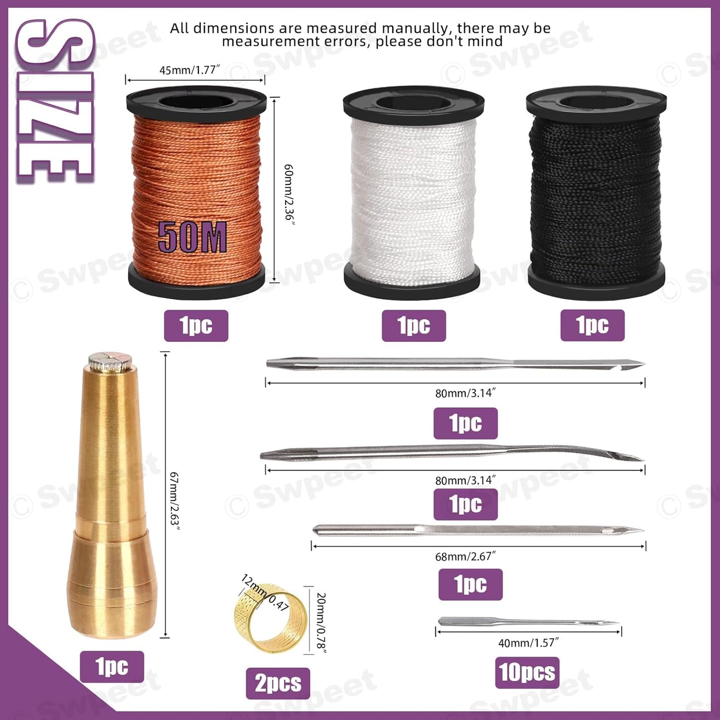 Swpeet 19Pcs Portable Canvas Leather Sewing Awl and Needle Kit With Nylon Waxed Cord Thread Thimble Assortment, Copper Handle Tools for Leather, Shoe and Repair