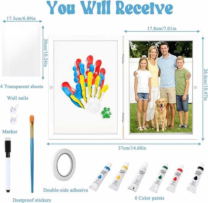 TourKing Family Handprint Kit, Diy Baby Hand & Footprint Wooden Keepsake Frame, With Non-Toxic Baby-Safe Paints, Gift Ideas For New Parents Grandparents, Father's Day Mother's Day Anniversary (White