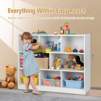 KOTEK Toy Storage Organizer, 8 Cubby Kids Bookshelf, Wooden 4-Tier Bookcase Storage Cabinet, Open Display Book Shelf for Daycare, Nursery, School Classroom, Playroom & Bedroom (White, 8 Cubes)