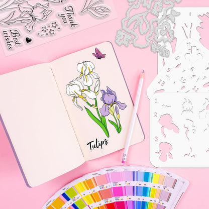 ORIGACH Iris Layering Stencil Stamp and Die Set for Card Making, Flower Stencil Template Silicone Clear Stamps and Metal Die Sets for DIY Scrapbooking Photo Album Crafting