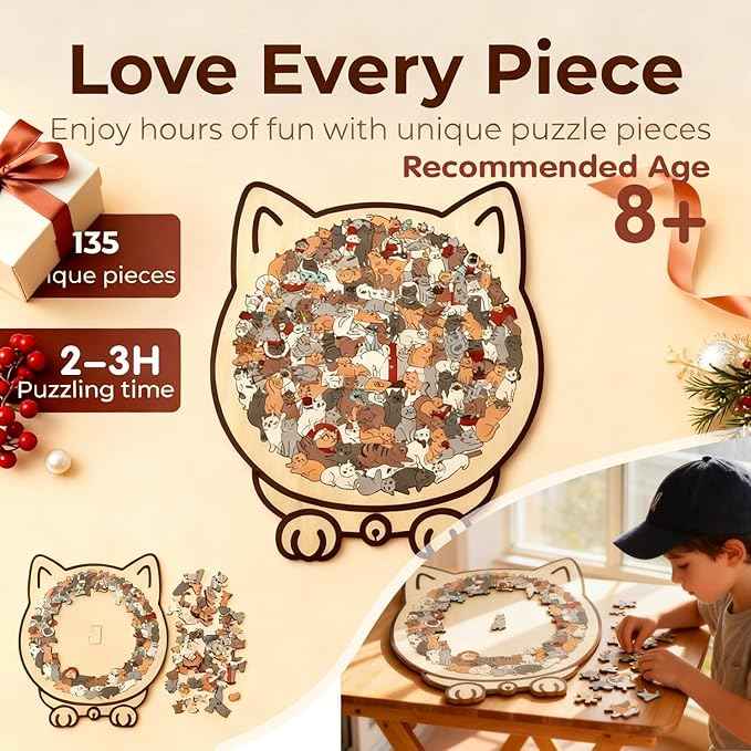 135 Piece Colored Cat Shaped Wooden Jigsaw Puzzle, Cats Shaped Wooden Puzzle, Unique Animal Shape Wood Puzzle and Acrylic Cover, Creative Gifts for Cats Lovers, Home Decor