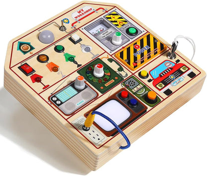 JAUNTY Montessori Wooden Busy Board for Toddlers 3 4 5 Years Old, Wooden Sensory Toddler Toys with LED Light Switches, TV Radio Telegram and Car Driving, Travel Toys Birthday for Boys Girls