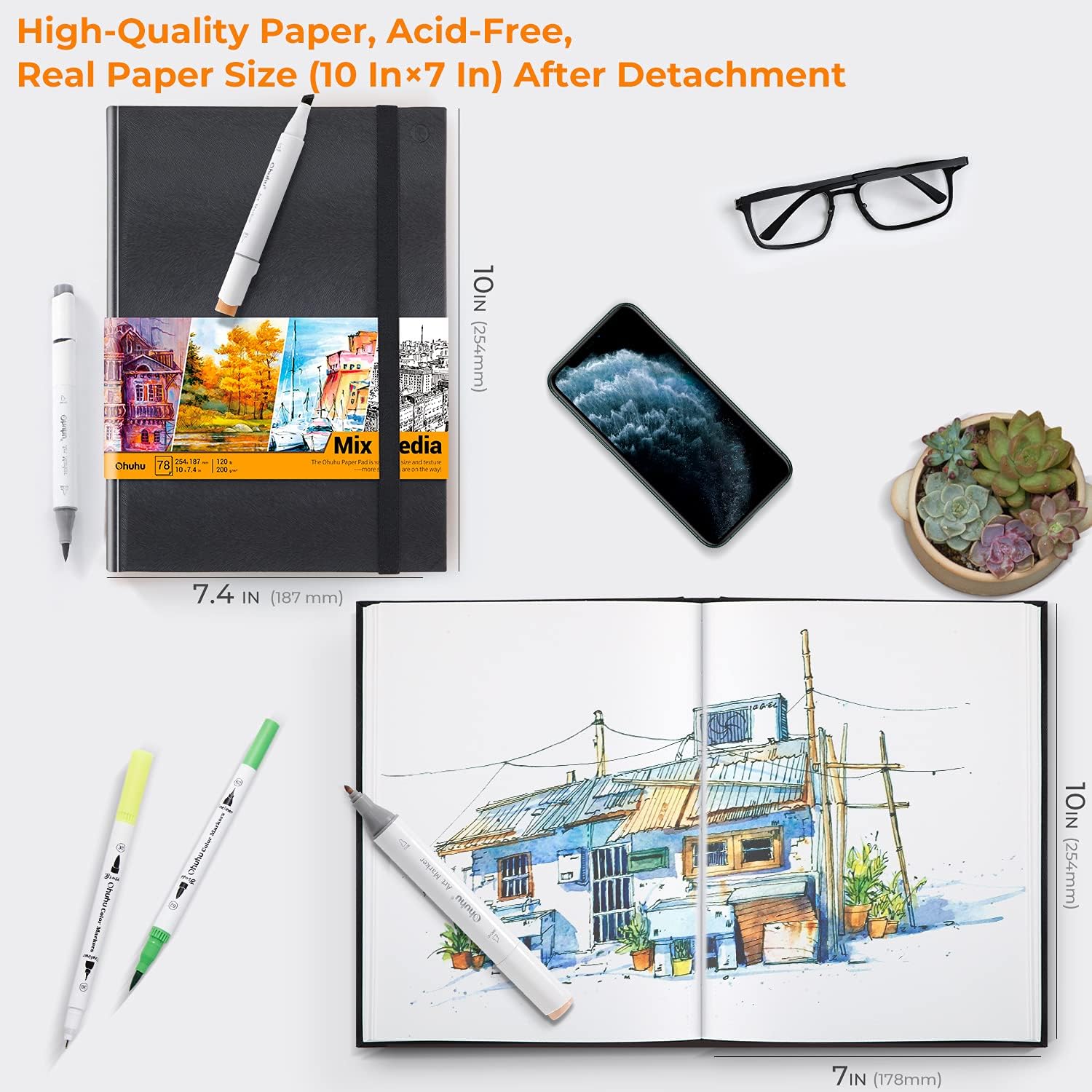 Ohuhu Mix Media Pad - 10"x7.4" Mixed Media Art Sketchbook, 120 lb/200 gsm Heavyweight Papers, 78 Sheets/156 Pages, PU Hardcover Mixed Media Paper Pad for Acrylic Painting Christmas Gift - Crafty Corner