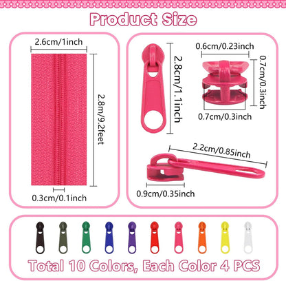 DOITEM 31 Yards 10 Pieces Sewing Zippers #3 Nylon Coil Zippers Assorted Zipper for Sewing with 40 Zipper Sliders for DIY Tailor Sewing Crafts Supplies, 10 Colors
