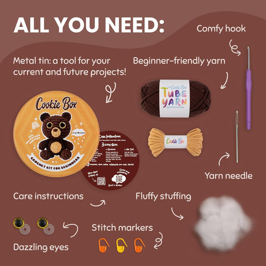 Cookie Box Crochet Kit for Beginners – Gift Set to Make Bear Bruno Amigurumi Plushie – Easy DIY Crochet & Knitting Starter Kit with Video and PDF Tutorials