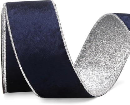Ribbli Navy Velvet Wired Ribbon 2.5 Inch Navy Velvet with Silver Glitter Christmas Ribbon for Christmas Tree Decoration Big Bow Gift Wrapping Crafts Wreaths Supplies- 10 Yards - Crafty Corner