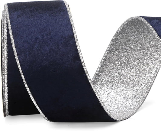 Ribbli Navy Velvet Wired Ribbon 2.5 Inch Navy Velvet with Silver Glitter Christmas Ribbon for Christmas Tree Decoration Big Bow Gift Wrapping Crafts Wreaths Supplies- 10 Yards - Crafty Corner