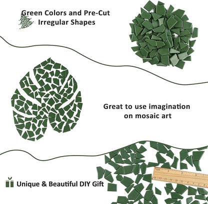 Youway Style Green Glass Mosaic Tiles for Crafts Bulk,200g Broken Glass Tiles for DIY Mosaic Art Decor,Garden Mosaic Supplies Pieces