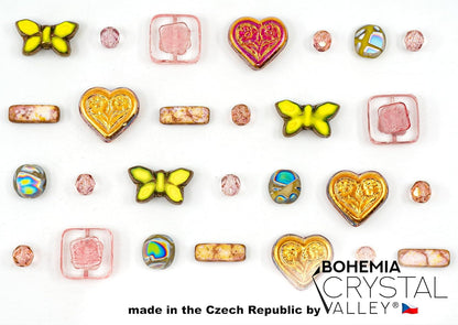 2.1oz (60g) of Focal Glass Bead Mix with Table-Cut Flower and Butterfly Beads, PG Pale Green Pink