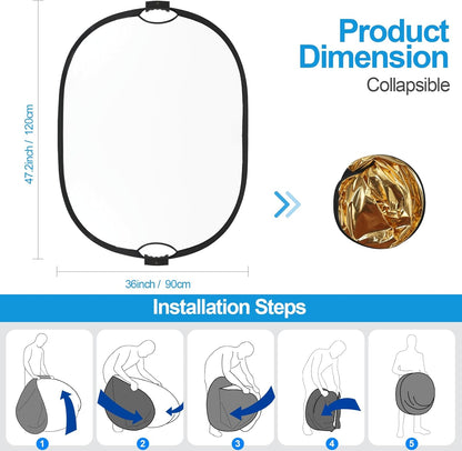 WELLMAKING 35''x47'' (90x120cm) Reflector Photography with Threaded Handle, Collapsible Light Reflector with Bag & tilt Adapter, 5in1 Reflector for Studio - Translucent, Silver, Gold, White and Black