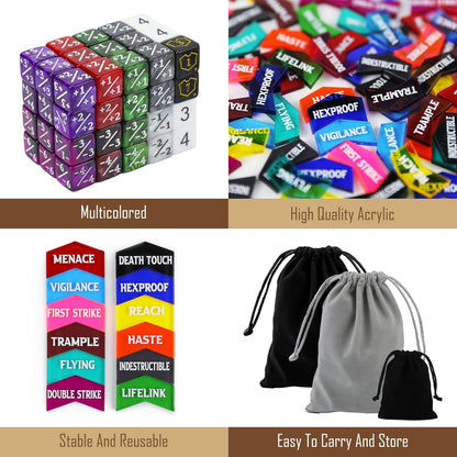 130PCS MTG Keyword Counters Tokens & MTG Life Counter Dice Set for Magic Card Accessories, Compatible with MTG CCG Card Gaming Accessories