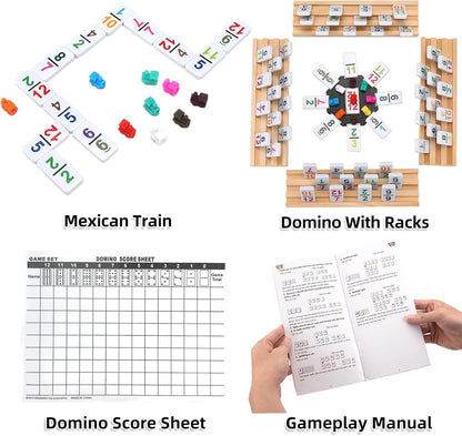 Mexican Train Dominoes Set Numbers and 8 Wooden Holders, Double 12 Travel Domino Train Game with 91 Colored Tiles and Protable Case, Number Domino Set for Kids, Adults Family Board Team Games