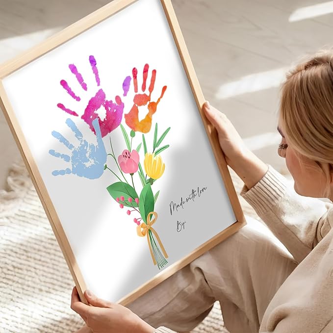 Physkoa Handprint Flower Craft Kit for Kids–12"x16" Art Gift with Wood Frame–Keepsake for Mom or Grandma–Meaningful Birthday or Thank You Gift (2 Art Styles Included)