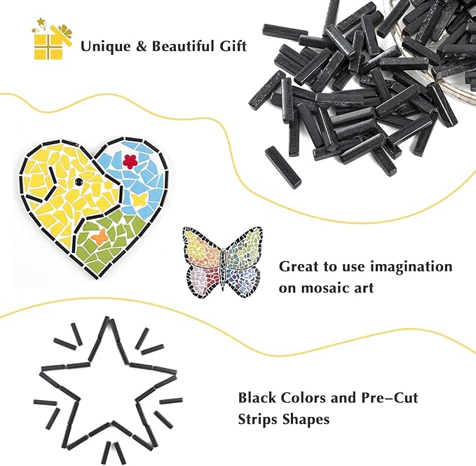 Youway Style Glass Mosaic Tiles for Crafts Bulk,150g Black Strips Mosaic Glass Pieces,Glass Mosaic Garden Craft Kit
