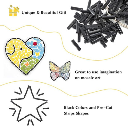 Youway Style Glass Mosaic Tiles for Crafts Bulk,150g Black Strips Mosaic Glass Pieces,Glass Mosaic Garden Craft Kit