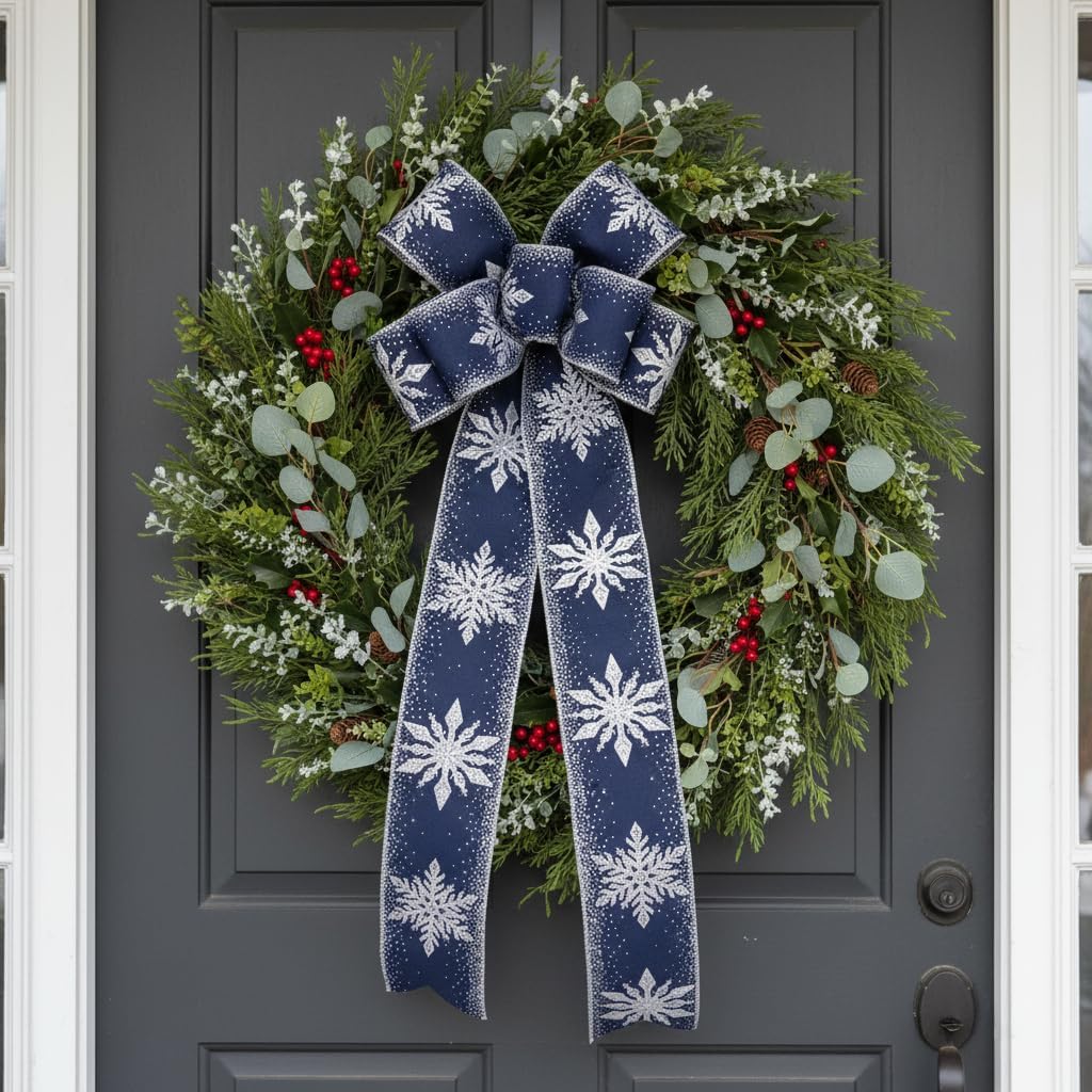 CT CRAFT LLC Navy Satin with Silver Snowflake Wired Ribbon 2.5 Inch x 10 Yards for Christmas Home Decor Tree Topper Bow Gift Wrapping DIY Crafts Wreath Garland - Crafty Corner