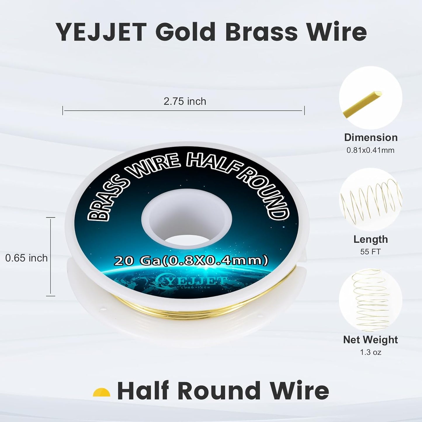 20 Gauge Half-Round Brass Wire 0.81x0.41mm - 1.3 oz 55 Feet for Jewelry Making Wire, Model Making, Craft Projects