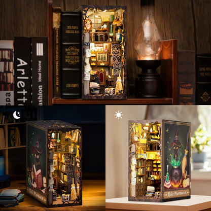 Fsolis Book Nook Kit, DIY Miniature Dollhouse Kit, 3D Wooden Puzzle for Adults, 282 Pieces, Bookshelf Decor Tiny House Mini Booknook Craft, Gifts for Women Teens and Puzzle Lovers (Magic Pharmacist)