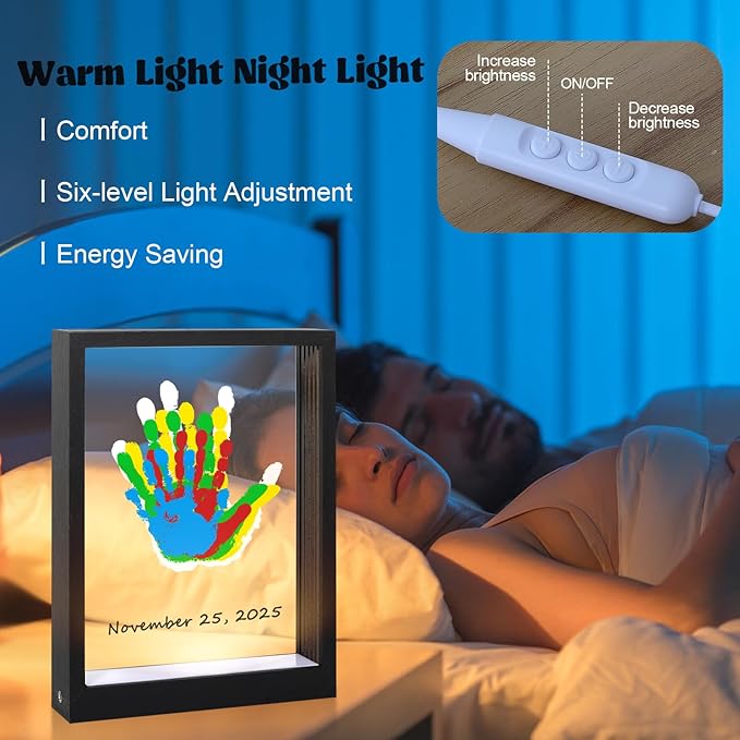 Bixinyo Family Handprint Kit with Light, Baby Hand and Footprint Keepsake Wooden Frame, Family Gifts for Mom, Women, New Parents, Mother's Day, Adoption Gifts, 5 Non-Toxic Paints (Light, Black)
