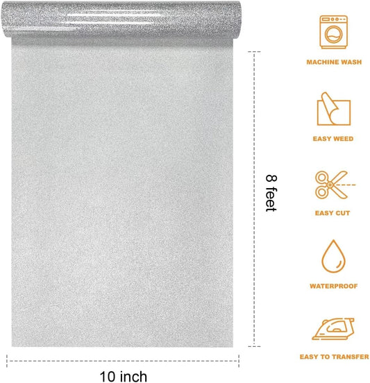 Silver Glitter HTV Heat Transfer Vinyl Rolls- 10" x 8ft. Glitter HTV Silver for Shirts. Iron on Vinyl and Heat Transfer Vinyl for All Cutters Machines. Easy to Cut & Weed Heat Vinyl Designs