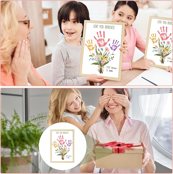 QOUBAI Colorful Flower Bouquet Handprint Art Craft DIY Kit Mother's Day Gifts From Daughter or Son Fun Family Handprint Keepsake with Wood Frame for Mom Grandma Birthday Christmas 12x16 Inch