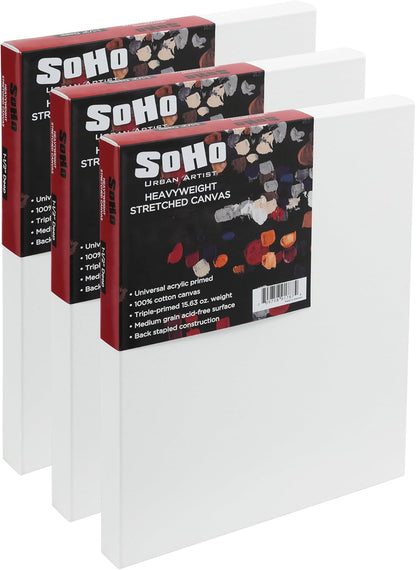 SoHo Urban Artist, 36x60 Heavyweight Stretched Cotton Canvas for Painting - 1.5" Deep- 3 Pack, Triple Primed, 100% Cotton Canvas, Archival, Universal Primed for Oil, Acrylic, Alkyd, Mixed Media
