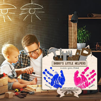 DIY Daddy's Little Helpers Tool Box Craft Plaque Baby Handprint Gifts for Mechanic Dad, First Fathers Day Art Craft Sign for Mechanic Papa, Daddy's Toolbox Tool Set Craft with Kids Handprint Keepsake