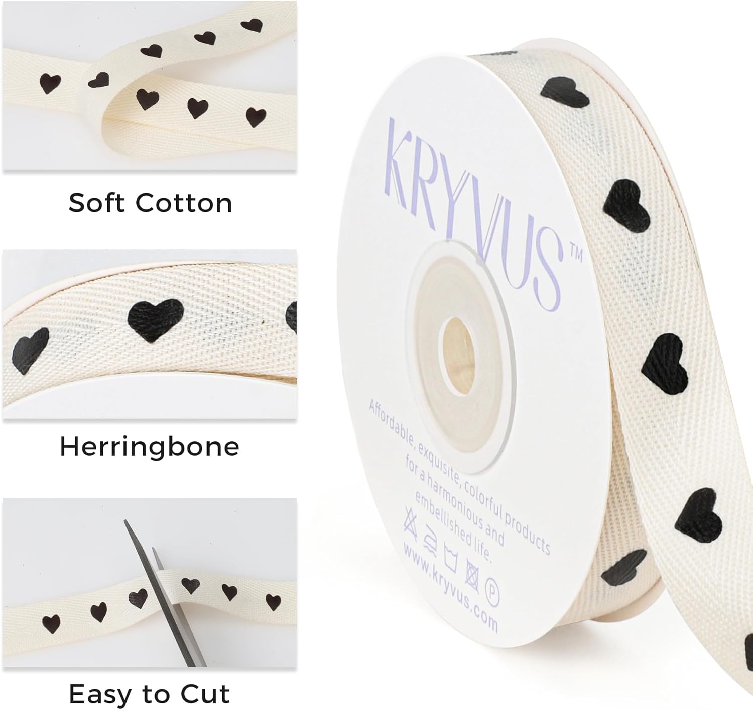 Black Hearts Ribbon - 5/8 Inch x 12 Yards Natural Twill Tape Ribbon, Cotton Herringbone Ribbons for Gift Wrapping, Birthdays, Weddings, Christmas, Anniversaries, Valentine's Day, Mother's Day - Crafty Corner