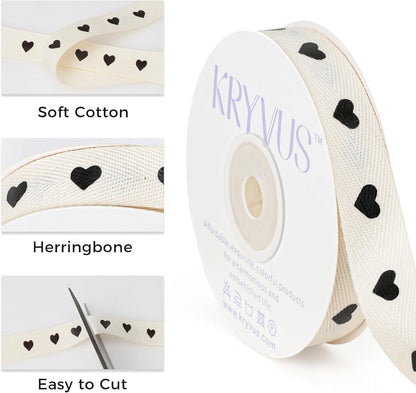 Black Hearts Ribbon - 5/8 Inch x 12 Yards Natural Twill Tape Ribbon, Cotton Herringbone Ribbons for Gift Wrapping, Birthdays, Weddings, Christmas, Anniversaries, Valentine's Day, Mother's Day - Crafty Corner
