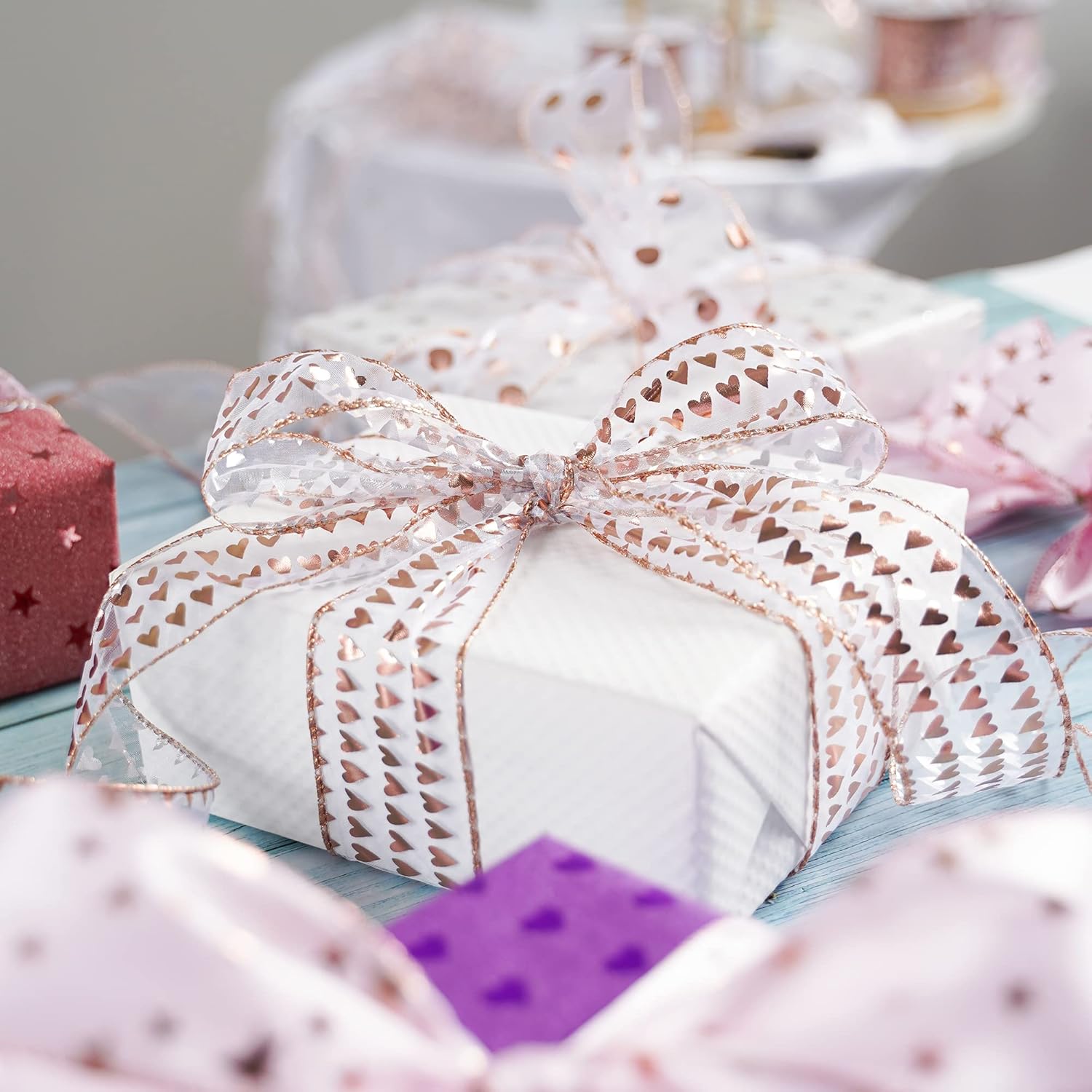 MEEDEE Heart Wired Ribbon - 2.5 Inch Rose Gold & Pink Sheer Organza Ribbon, 25 Yards Roll, Perfect for Valentine Bows & Decor - Crafty Corner