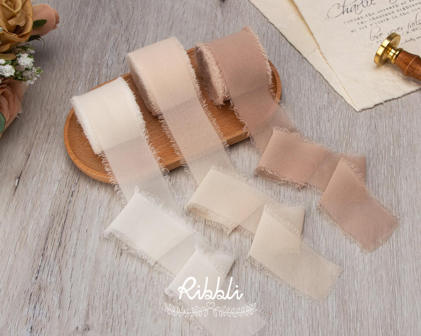 Ribbli Chiffon Silk Ribbon, 1.5 inch x 30 Yard, Cream/Champagne/Beige Fringe Chiffon Ribbon for Wedding Invitations, Bridal Bouquets Wrapping, Flower Arrangement Decoration - Crafty Corner