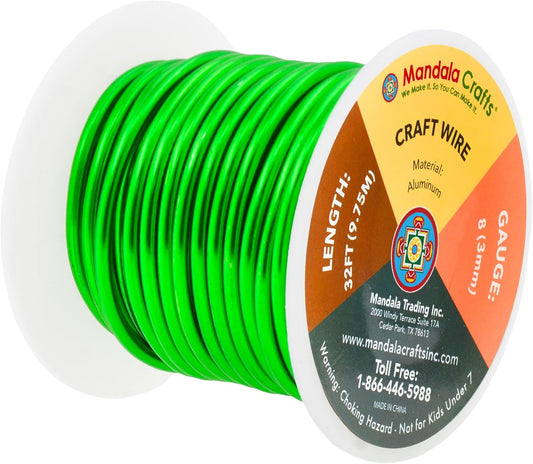 Mandala Crafts 8 Gauge Anodized Aluminum Craft Wire for Jewelry Making - 32 FT Colored Flexible Kelly Green Wire - Bendable for Bonsai Armature Crafting Sculpting - Crafty Corner