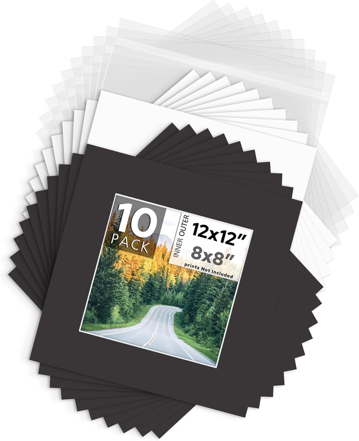 Mat Board Center, Pack of 10, 12x12 for 8x8 Black Mat Kit - Acid Free, 4-ply Thickness, White Core - Includes Backing Boards and Clear Bags - for Pictures, Photos, Framing