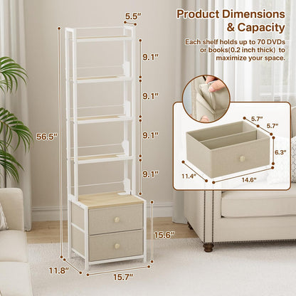 CD Storage Rack with Drawer, 5-Tier DVD Organizer Shelf w/Adjustable Book Stoppers, Media Storage Rack for CD/DVD, Books & Games, Ideal for Living Room & Home Office – 15.7x11.8x56.5Inches