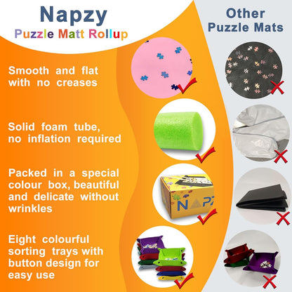 Napzy Puzzle Mat Rollup Puzzles Organizer 1500 1000 500PCS Puzzled Mat Pink Has Gift Box Non-Slip Felt Jigsaw Matt Roll Up Puzzling Board for Jigsawn Keeper Saver with 8 Jigsaws Tray