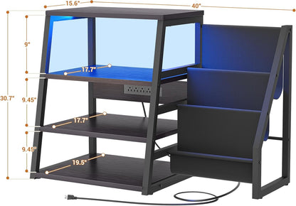 AV Media Stand with Outlets, Stereo Stands and Racks with Vinyl Storage, Stereo Stand with Record Storage, Audio Stereo Rack Cabinet, Turntable Console Stand with LED lights, 4 Tiers, Black Ebony