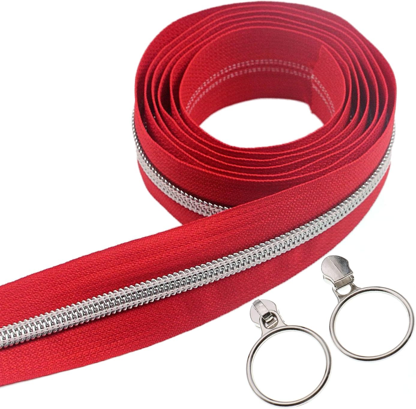 Leekayer #5 Silver Metallic Teeth Nylon Coil Zippers by The Yard Bulk 10 Yards Red Zipper Tape with 25pcs Silver Ring Pull Sliders for DIY Sewing Tailor Craft Bag(Red)