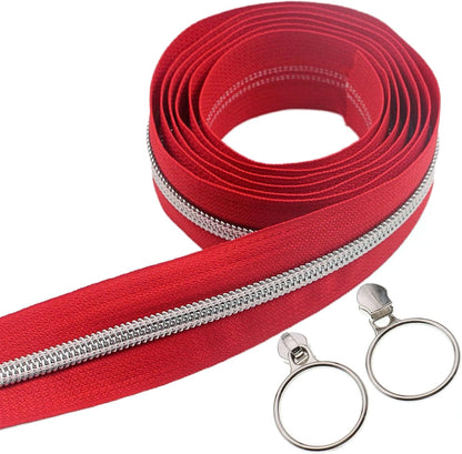 Leekayer #5 Silver Metallic Teeth Nylon Coil Zippers by The Yard Bulk 10 Yards Red Zipper Tape with 25pcs Silver Ring Pull Sliders for DIY Sewing Tailor Craft Bag(Red)