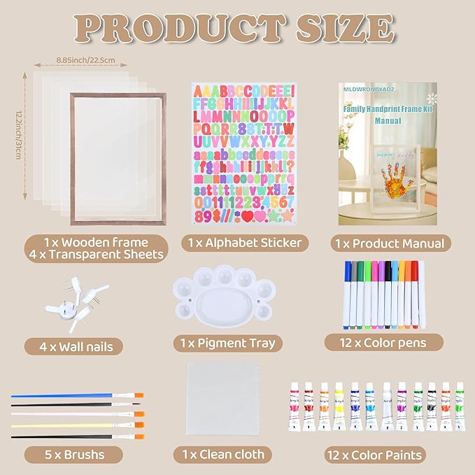 Family Handprint Frame Kit for 4 with 12 Colors &12 Pens,Fun DIY Craft Art Print Handprint Keepsake, Family Gifts for Christmas Mother's Father's Day Birthday Anniversary,Grandparent (Brown)