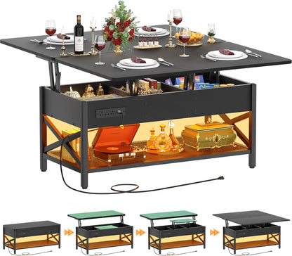 Aheaplus Coffee Table Lift Top Multi-Function Coffee Table Converts to Dining Table, with LED Light and Power Outlet, Center Table with Shelves for Living Room Reception Home Office, Black