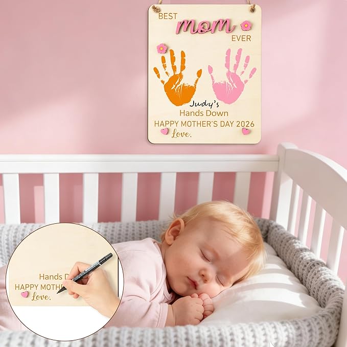 R HORSE 3D Mother's Day Handprint Art Craft - Best Mom Ever Handprint Wooden Hanging Sign DIY Baby's First Mothers Day Birthday Handprint Making Sign for Mom Gift, Children Toddler Baby Keepsake