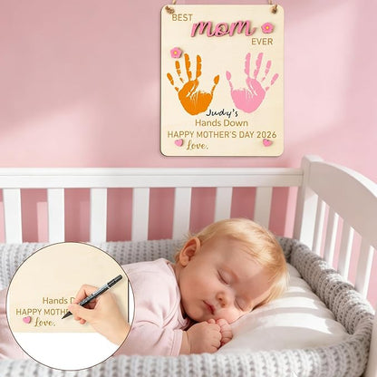 R HORSE 3D Mother's Day Handprint Art Craft - Best Mom Ever Handprint Wooden Hanging Sign DIY Baby's First Mothers Day Birthday Handprint Making Sign for Mom Gift, Children Toddler Baby Keepsake