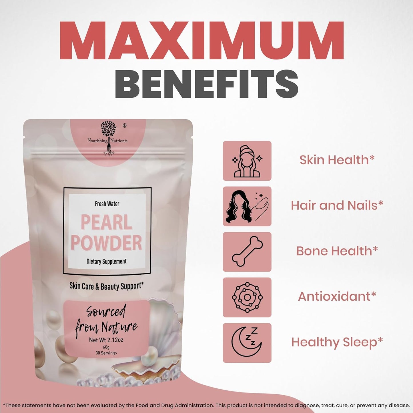 Pearl Powder Supplement for Skin Health - Anti-Aging, Antioxidant & Collagen Production - Healthy Eyes, Hair and Nails, Supports Immunity, Mood and Sleep - With Calcium and Amino Acids 60g 30 servings
