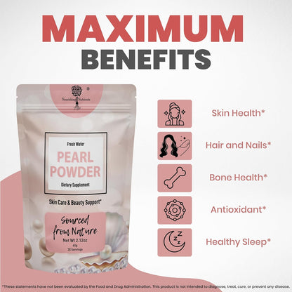 Pearl Powder Supplement for Skin Health - Anti-Aging, Antioxidant & Collagen Production - Healthy Eyes, Hair and Nails, Supports Immunity, Mood and Sleep - With Calcium and Amino Acids 60g 30 servings