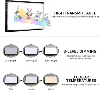 Light Box Drawing Pad A3, Dimmable 3 Brightness and Colour Temperature with Type-C Charge Cable and Brightness Adjustable for Artists, AnimationDrawing, Sketching, Animation, X-ray Viewing (A3-STK)